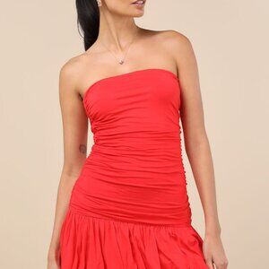 Lulus Calix Red Orange Strapless Ruched Bubble-hem Mini Dress - Size XS